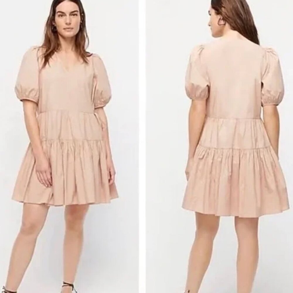 J.Crew Women MP Warm Clay Boho Puff-Sleeve Cotton Poplin Tiered Wrap Dress